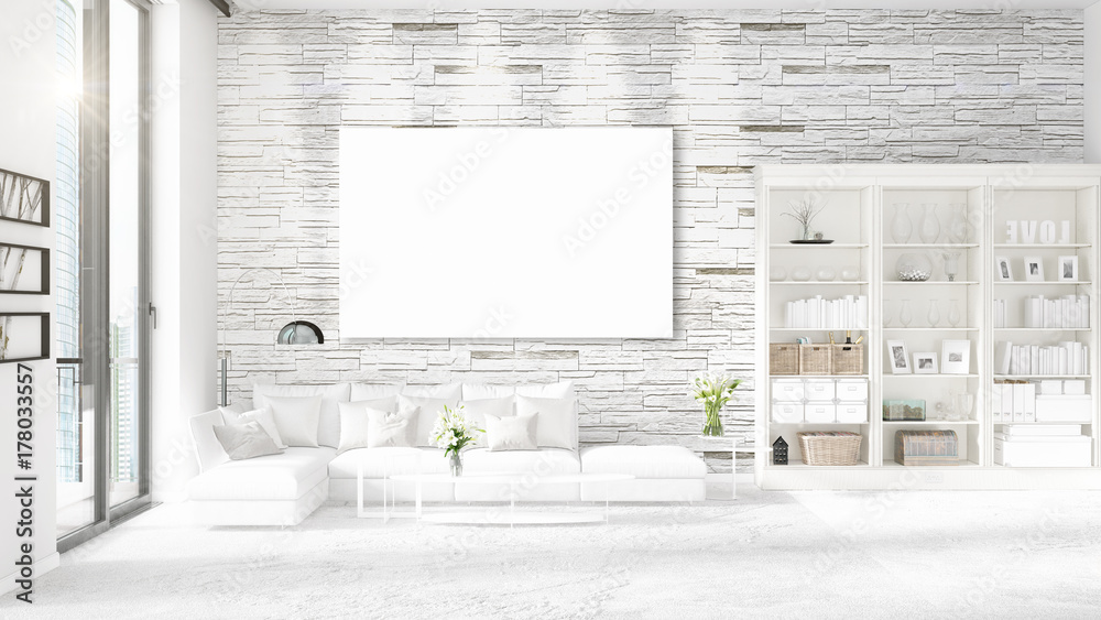 Panoramic view in interior with white leather couch, empty frame and copyspace in horizontal arrangement. 3D rendering.