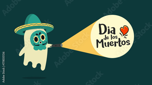 Cute ghost hearing a sombrero with his face painted with traditional decoration just found the announcement of Dia de los Muertos. Vector illustration