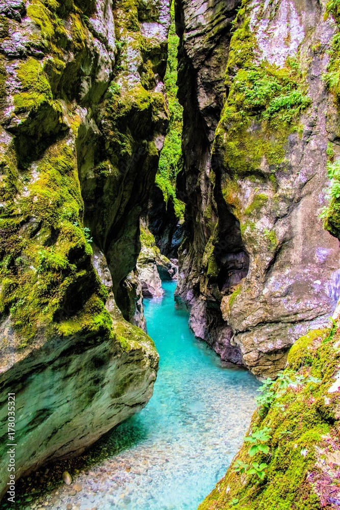 gorgeous blue river in Tolmin Gorges, Slovenia