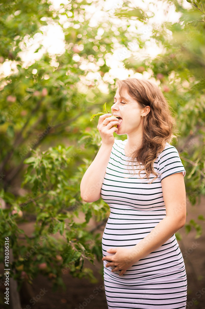 A beautiful pregnant girl stands in an apple garden and appetizingly eats an apple.
