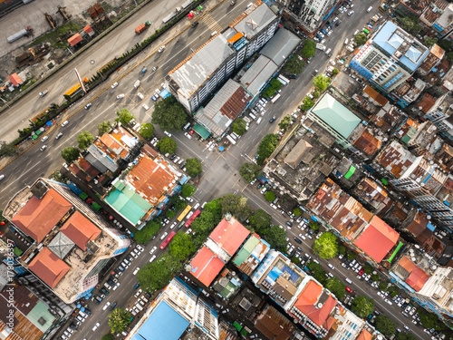 Aerial shot,view from the drone on the road junction and city of Yangon,Myanmar