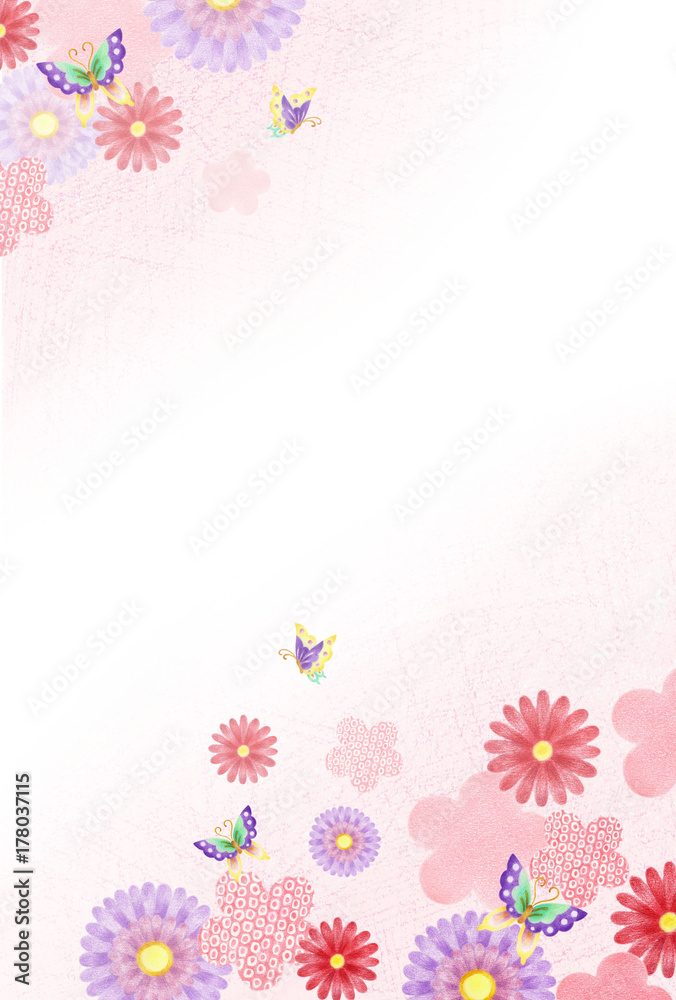蝶と花の和柄背景 縦 Stock イラスト Adobe Stock