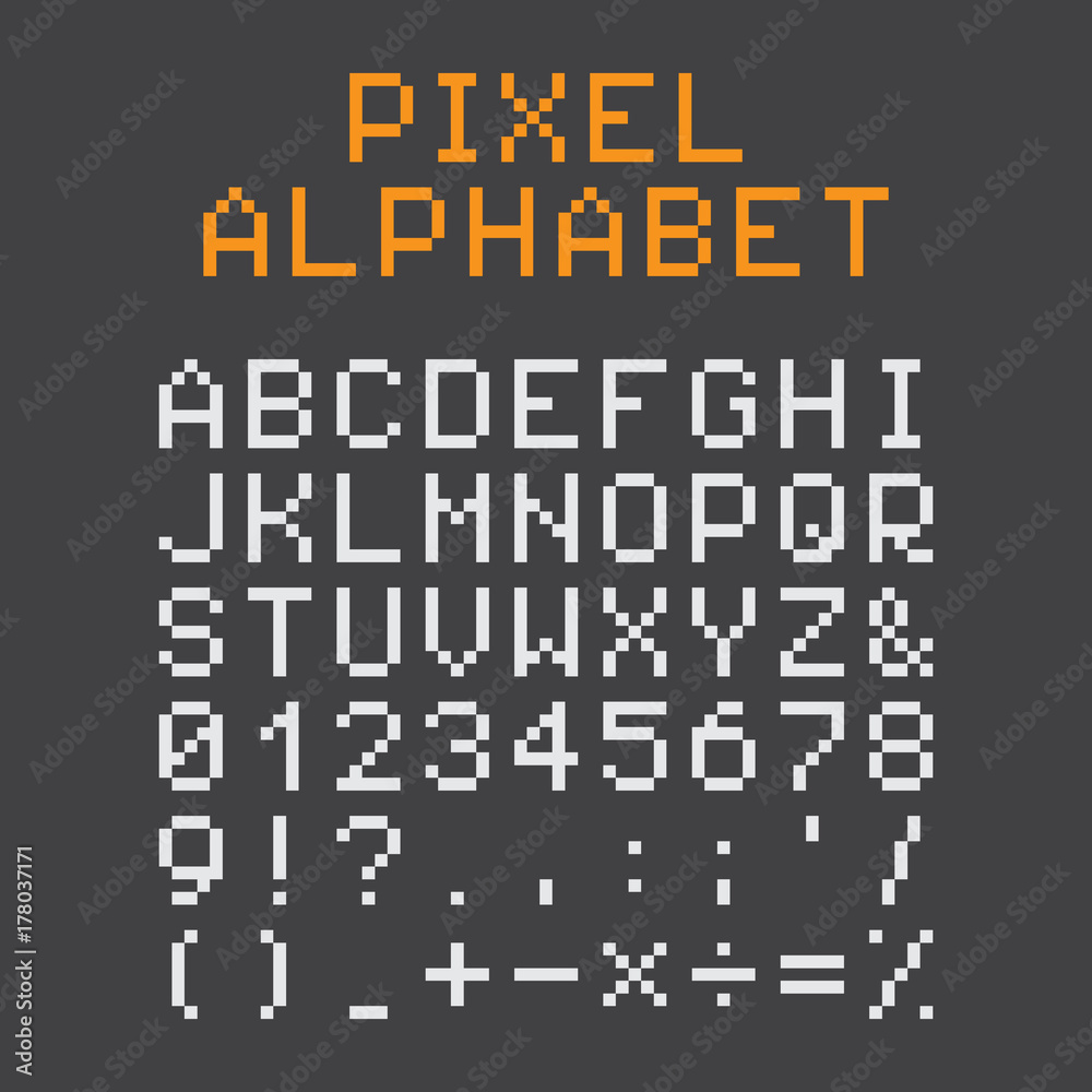 Pixel alphabet. Pixel font.