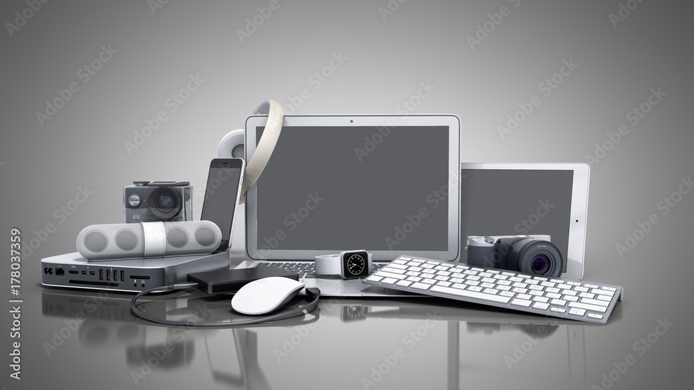 collection of consumer electronics 3D render on grey background