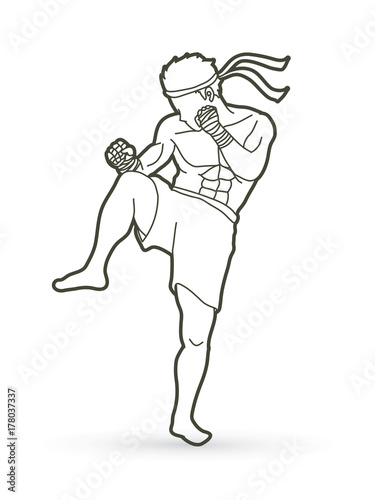 Muay Thai, Thai Boxing action outline graphic vector