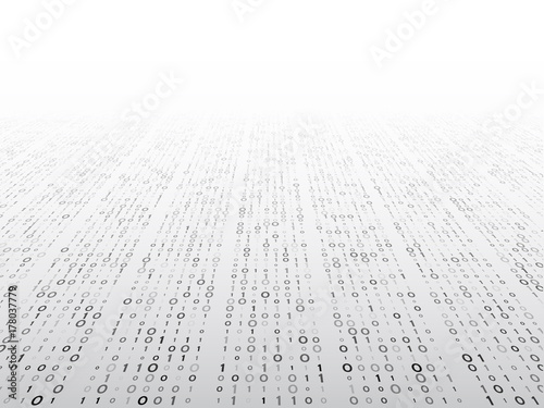 Abstract perspective binary code on a grey background. Matrix technology concept. Computer digital data illustration.