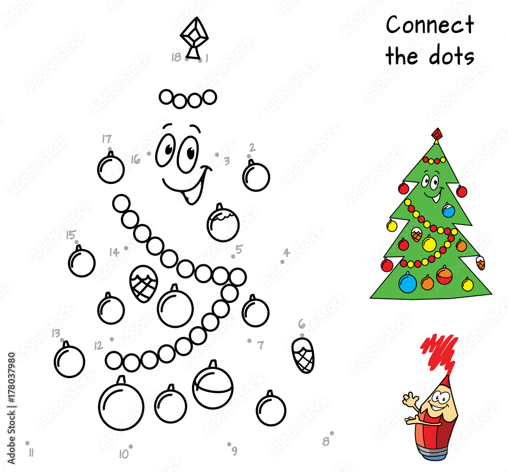 Happy Christmas tree. Connect the dots. Coloring book with dot to dot