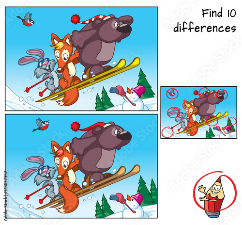 Bear, fox and rabbit are engaged in mountain skiing. Find 10 differences. Educational game for children. Cartoon vector illustration