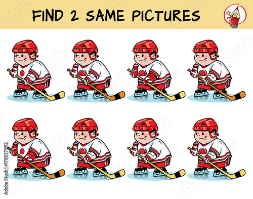 Hockey player. Find two same pictures. Educational matching game for children. Cartoon vector illustration