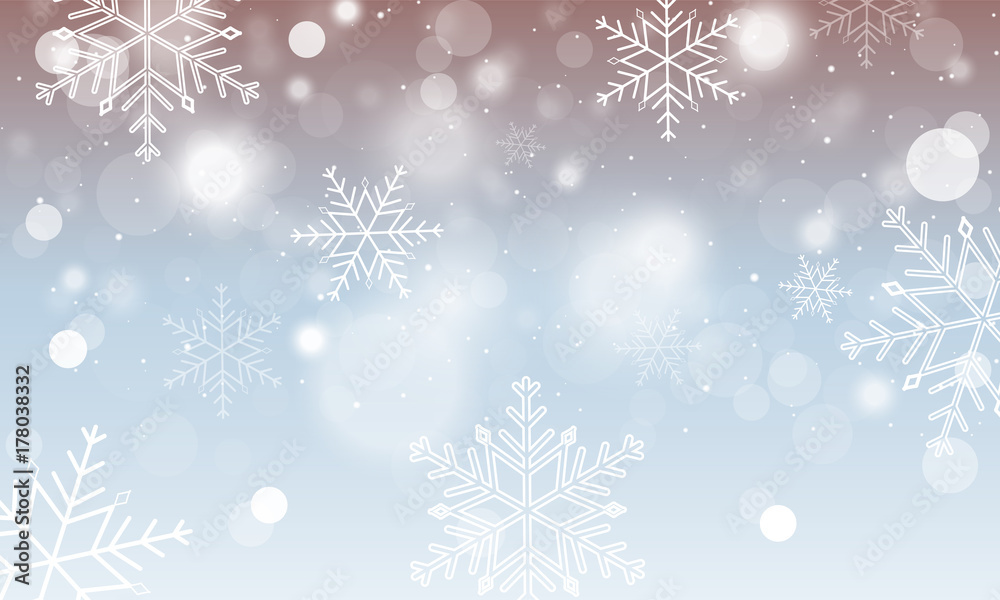 Abstract vector winter wallpaper. Snowflakes, circles and glowing elements.