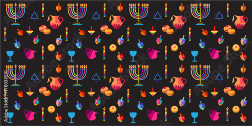 Hanukkah Jewish Holiday seamless pattern with traditional Chanukah symbols - wooden dreidels (spinning top), donuts, menorah, oil jar, candles, star of David, lights, doodle pattern. Vector