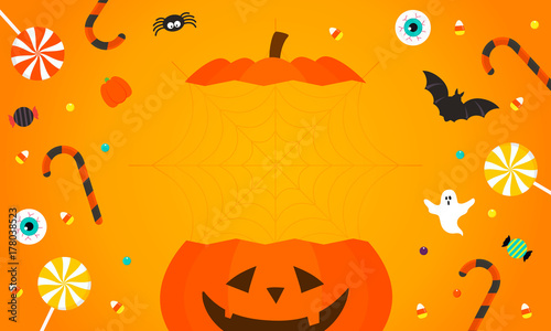 Happy Halloween Background vector illustration. Halloween candy with big pumpkin on orange background.