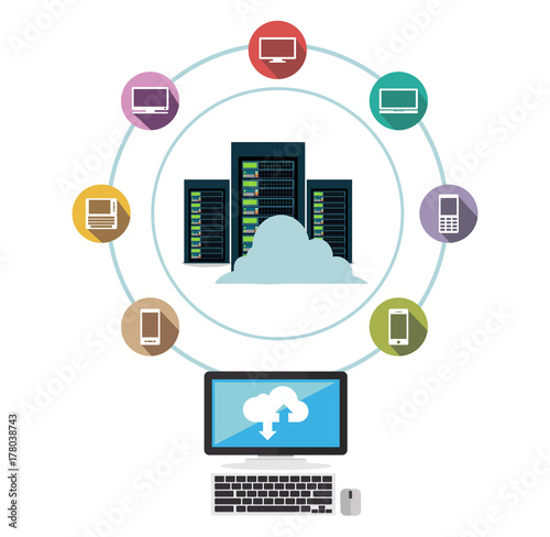 Data center. Cloud storage. Data sharing. Data download or upload concept.