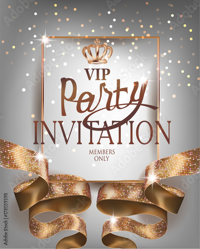 VIP invitation card with gold curly ribbon with pattern and crow. Vector illustration