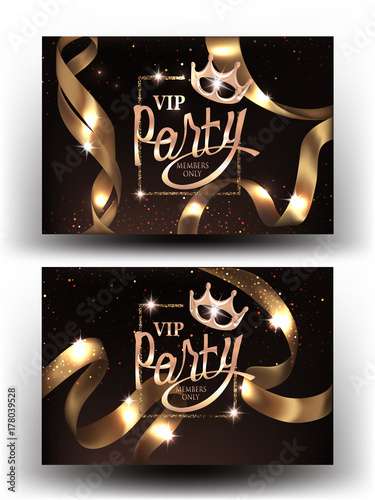 VIP party invitation cards with gold dust and silk gold ribbons. Vector illustration