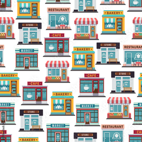 Store fronts seamless pattern - cafe  restaurant  market