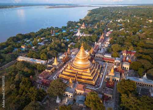 Aerial view at the ancient Shwezigon Pagoda the main tourist destination of Bagan  Myanmar  Burma 