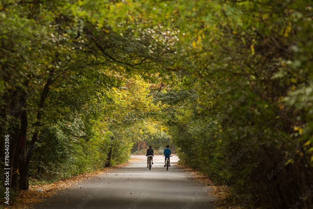 Two friends on bike in a beautiful alley on autumn time