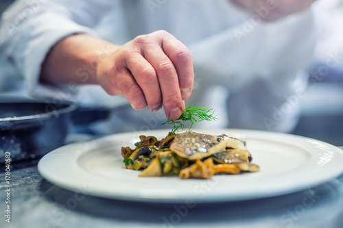 Billede på lærred Chef in hotel or restaurant kitchen cooking, only hands