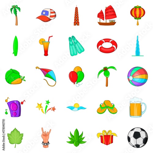 Beach concert icons set, cartoon style