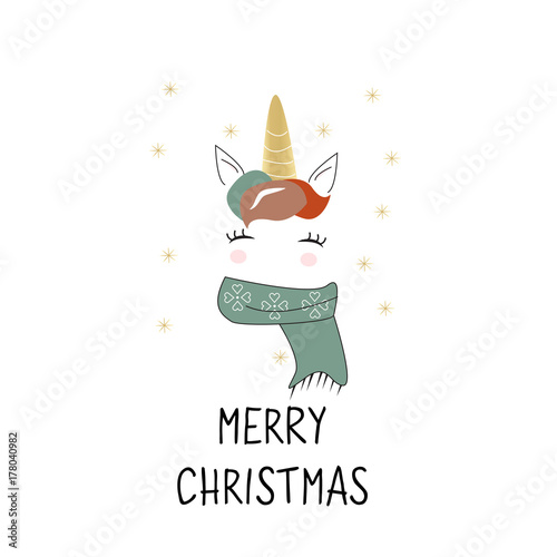 Christmas unicorn background, hand drawn 