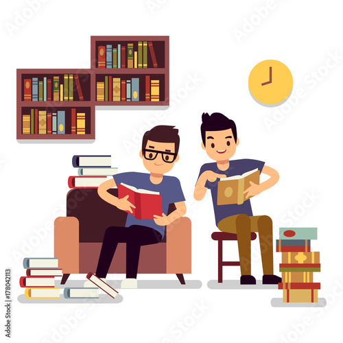 Two boys reading books self-education flat concept