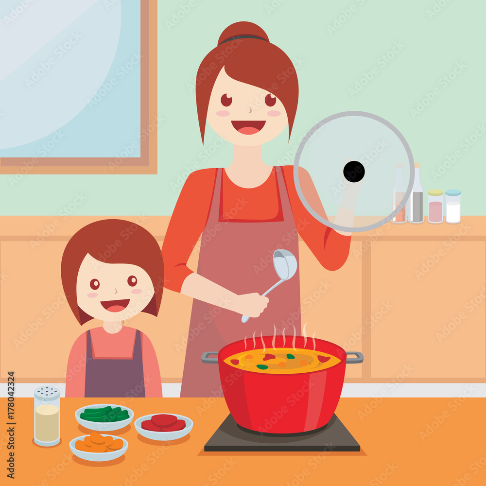 Mom daughter on kitchen. Mother cooking, girl - Stock Illustration  [77237561] - PIXTA