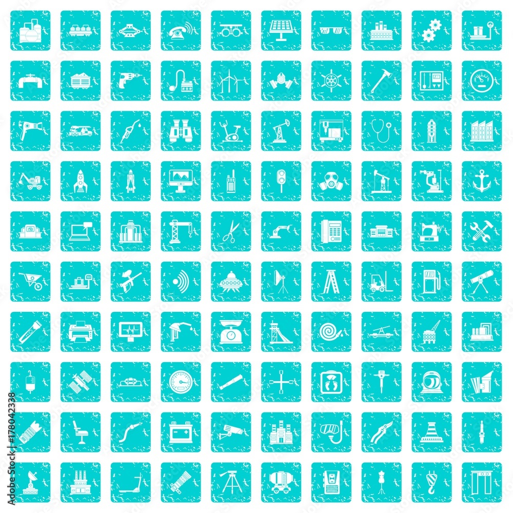100 equipment icons set grunge blue 100 equipment icons set grunge blue