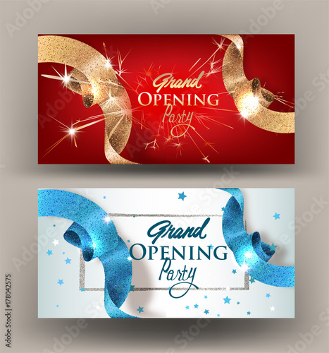 Grand opening banners with sparkling beautiful ribbons. Vector illustration