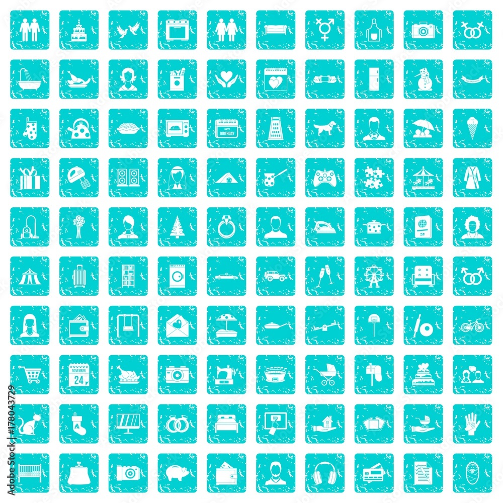 100 family icons set grunge blue 100 family icons set grunge blue