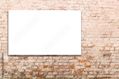 Mock up. Blank billboard, advertising, public information board on old red brick wall