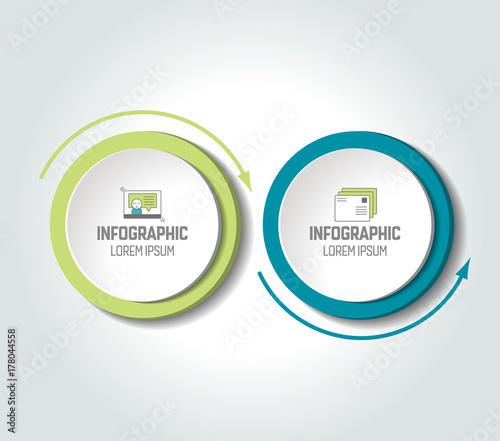 Circle, round chart, scheme, timeline, infographic, numbered template, option template. 2 steps.