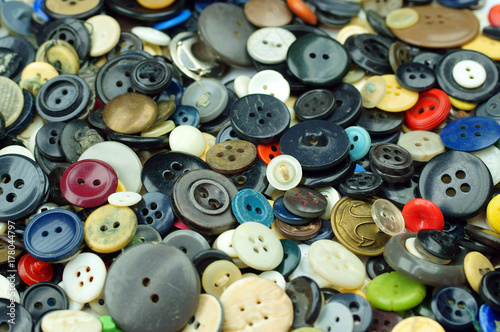 Buttons on a old work table. Shallow depth of field.