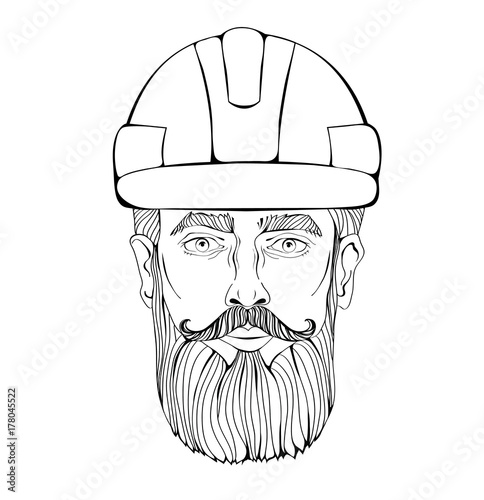 Builder, industrial worker. The face of a bearded man in a construction helmet. Contour Vector Illustration, isolated on white background.