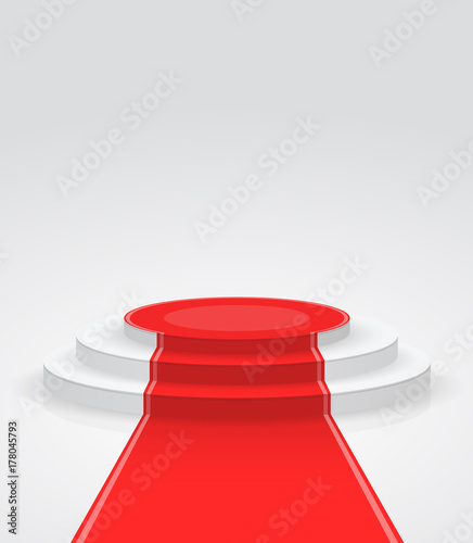 Fashion podium with red carpet. Round pedestal isolated on white background