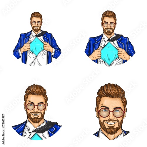 Set of vector pop art round avatar icons for users of social networking, blogs, profile icons. Businessman, manager, super worker in a suit with a shirt open on his chest
