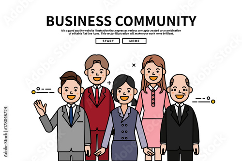 Flat line vector editable graphic website illustration, business community