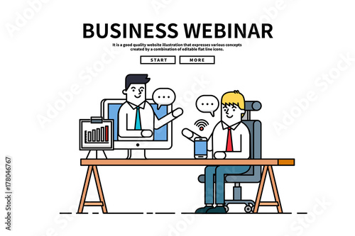 Flat line vector editable graphic website illustration, business webinar