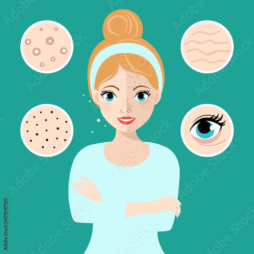 Woman and set of most common female facial skin problems needs to care about: acne, pimples, wrinkles, dry skin, blackheads, dark circles under eyes.Vectr illustration