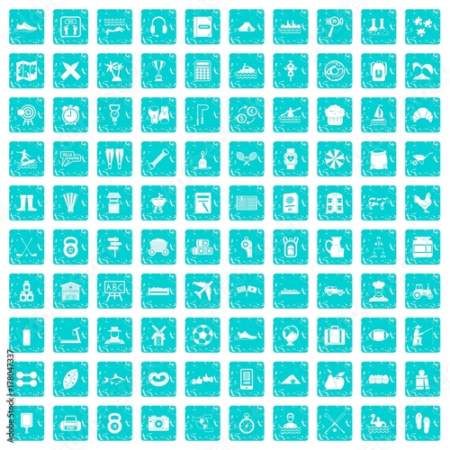 100 activity icons set grunge blue