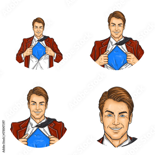 Set of vector pop art round avatar icons for users of social networking, blogs, profile icons. Businessman, manager, super worker in a suit with a shirt open on his chest