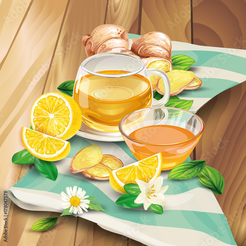 Glass cup of ginger tea with raw sliced on pieces ginger root and lemon, leaves, flower lying on wooden table hand-drawn vector illustration. Fresh brewed aromatic herbal beverage with oriental spicy