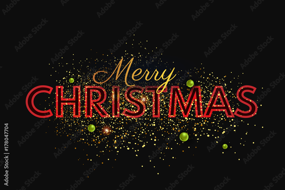 Merry Christmas typography, card, background. Gold (golden) and glowing red Christmas typography, glittering placer with sparkles and green decorative pearls on black background