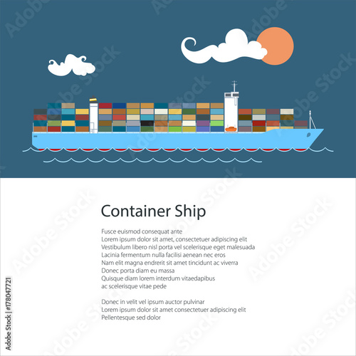 Cargo Ship with Containers on Board, Marine Vessel at Sea and Text , Poster Brochure Flyer Design, Vector Illustration