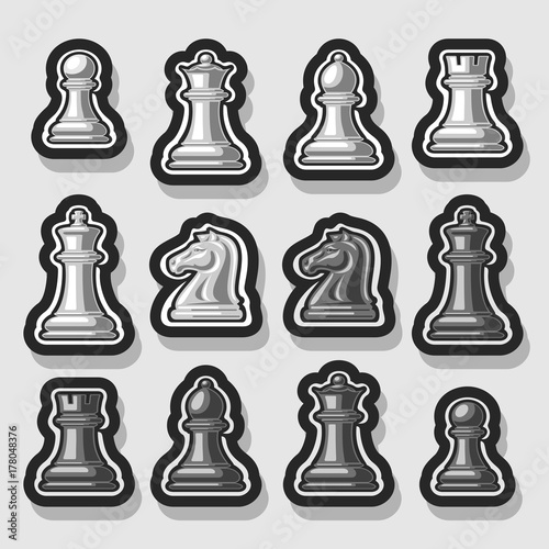 Vector set of Chess Pieces, collection of 12 white and black isolated silver chess figures, classic king & queen, outline bishop and knight, monochrome rook & pawn chess pieces for strategic game.