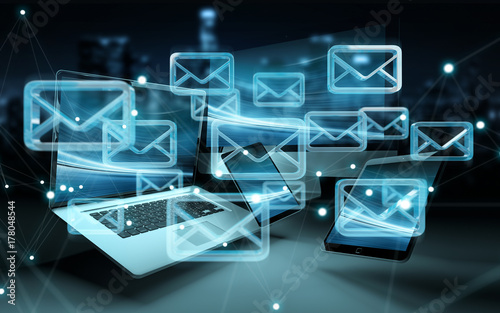Email icon interface over modern tech devices 3D rendering