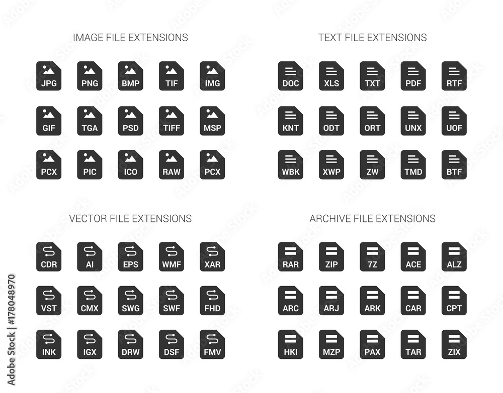 Filled black file extension flat vector icons isolated on white background. Image, text, archive, vector file types format