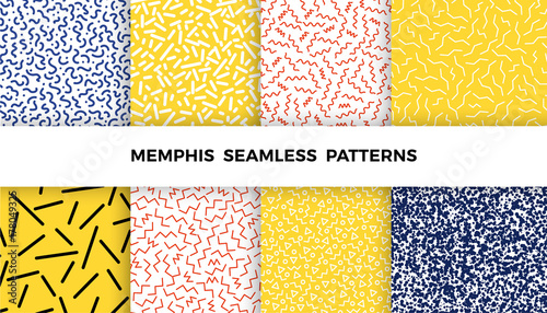Set of bright geometric memphis patterns with wavy lines, triangles, circles, zig zags. 80s and 90s graphic design style. Vector seamless backgrounds.