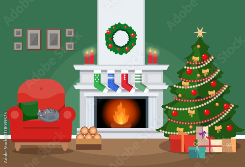 Cozy living interior Christmas style with Christmas tree, decorated fireplace and red chair, vector illustration
