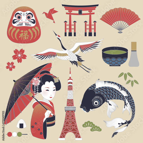 Elegant Japan cultural symbol set